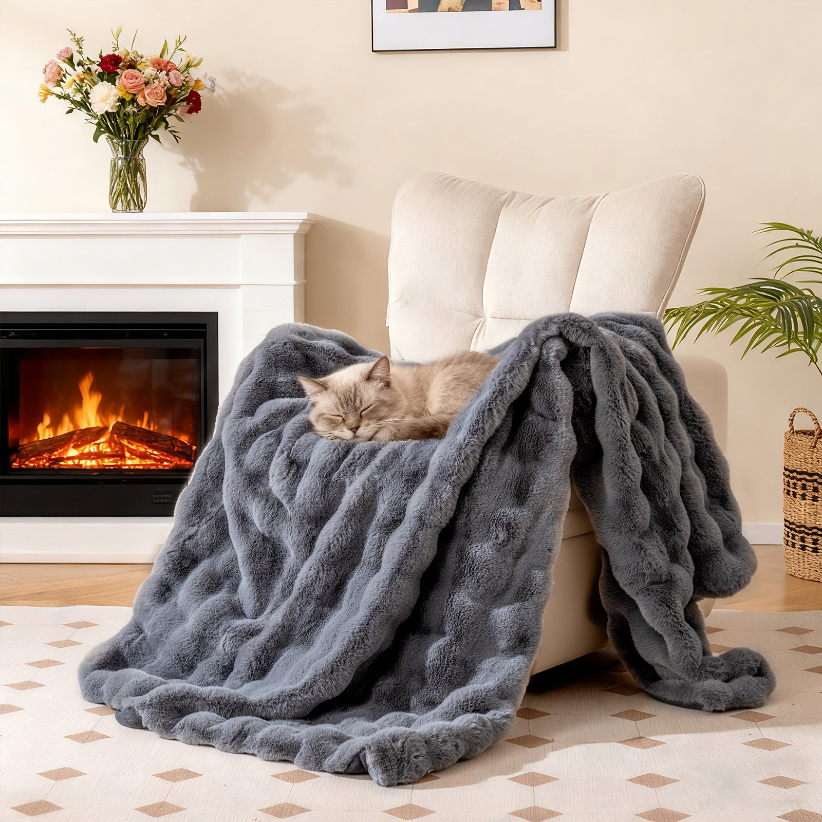 Luxury Fuzzy Plush Rabbit Fur Bubble Blanket for Armchair-Gray