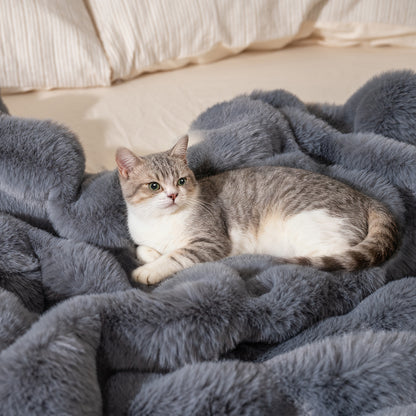 Luxury Fuzzy Plush Rabbit Fur Bubble Blanket for Armchair-Gray