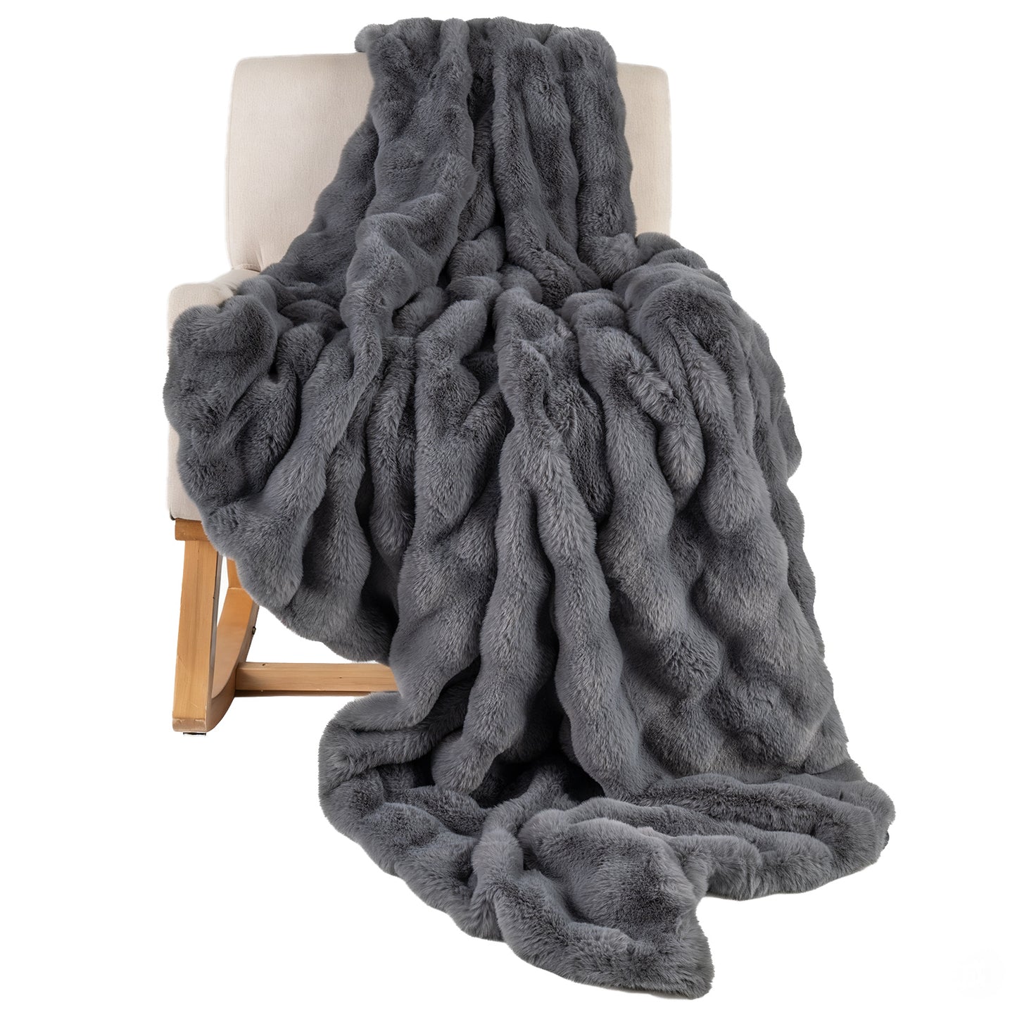 Luxury Fuzzy Plush Rabbit Fur Bubble Blanket for Armchair-Gray
