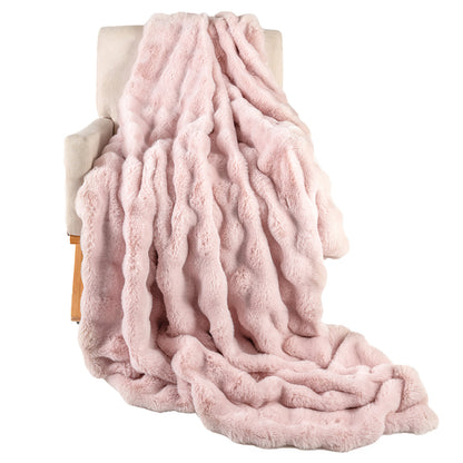 Luxury Fuzzy Plush Rabbit Fur Bubble Blanket for Armchair-Pink