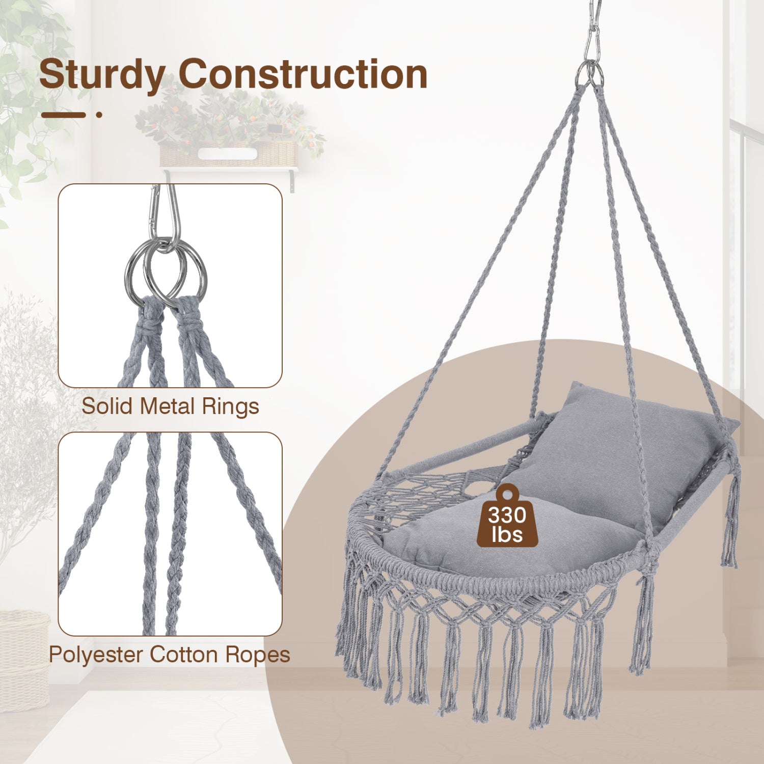 Macrame Swing Chair Hammock Chair with 2 Removable Cushions