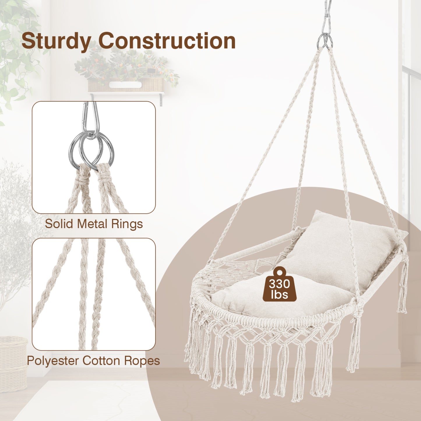 Macrame Swing Chair Hammock Chair with 2 Removable Cushions