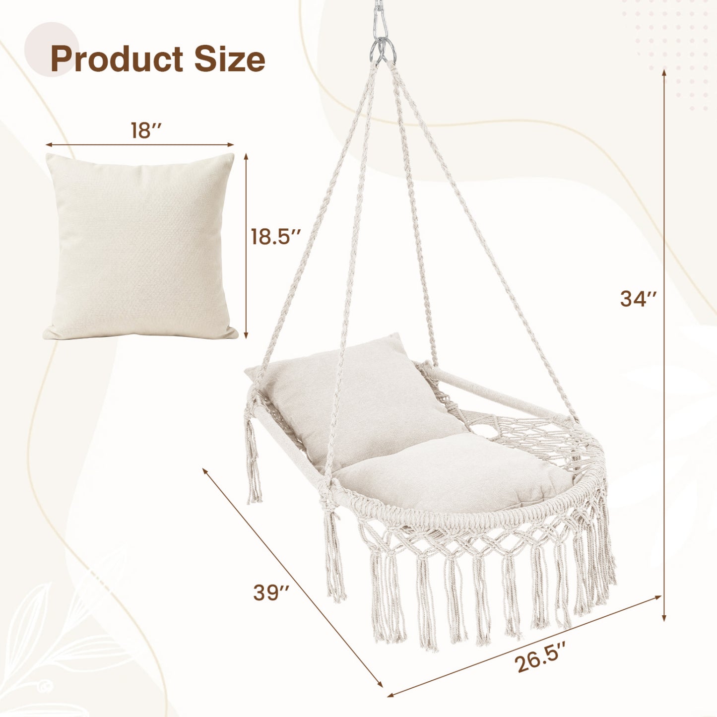 Macrame Swing Chair Hammock Chair with 2 Removable Cushions