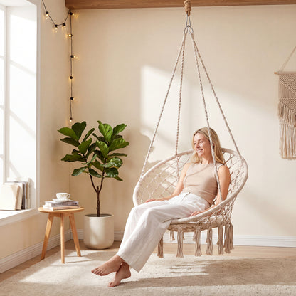 Macrame Swing Chair Hammock Chair with Round Seat Cushion