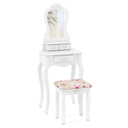 Makeup Dressing Table and Bench 3 Drawers and Cushioned Stool for Girls-Black - White