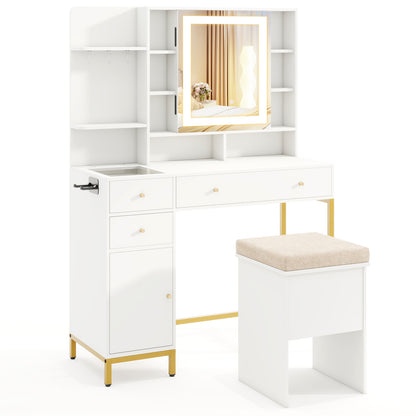 Makeup Dressing Table and Stool set with 3 Lighting Modes and Cabinet-White