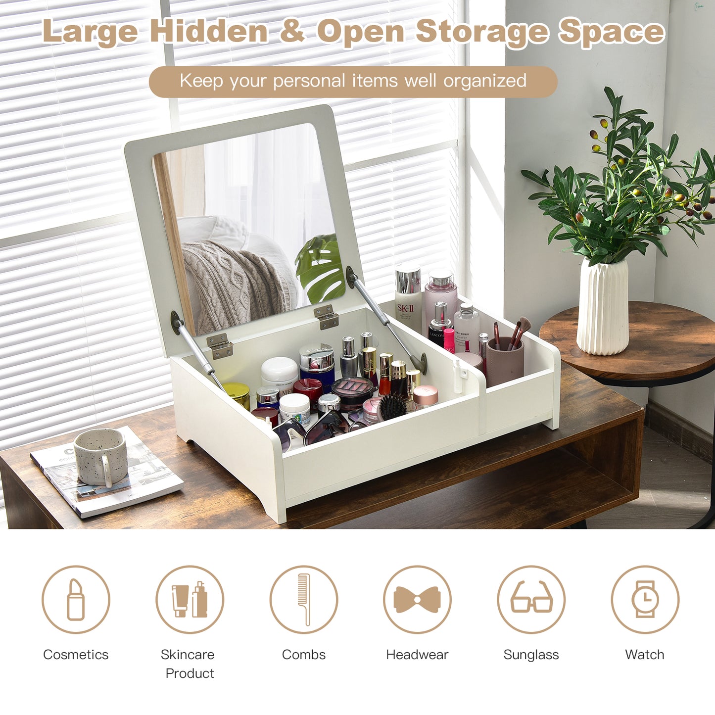 Compact Bay Window Makeup Dressing Table with Flip-Top Mirror-White