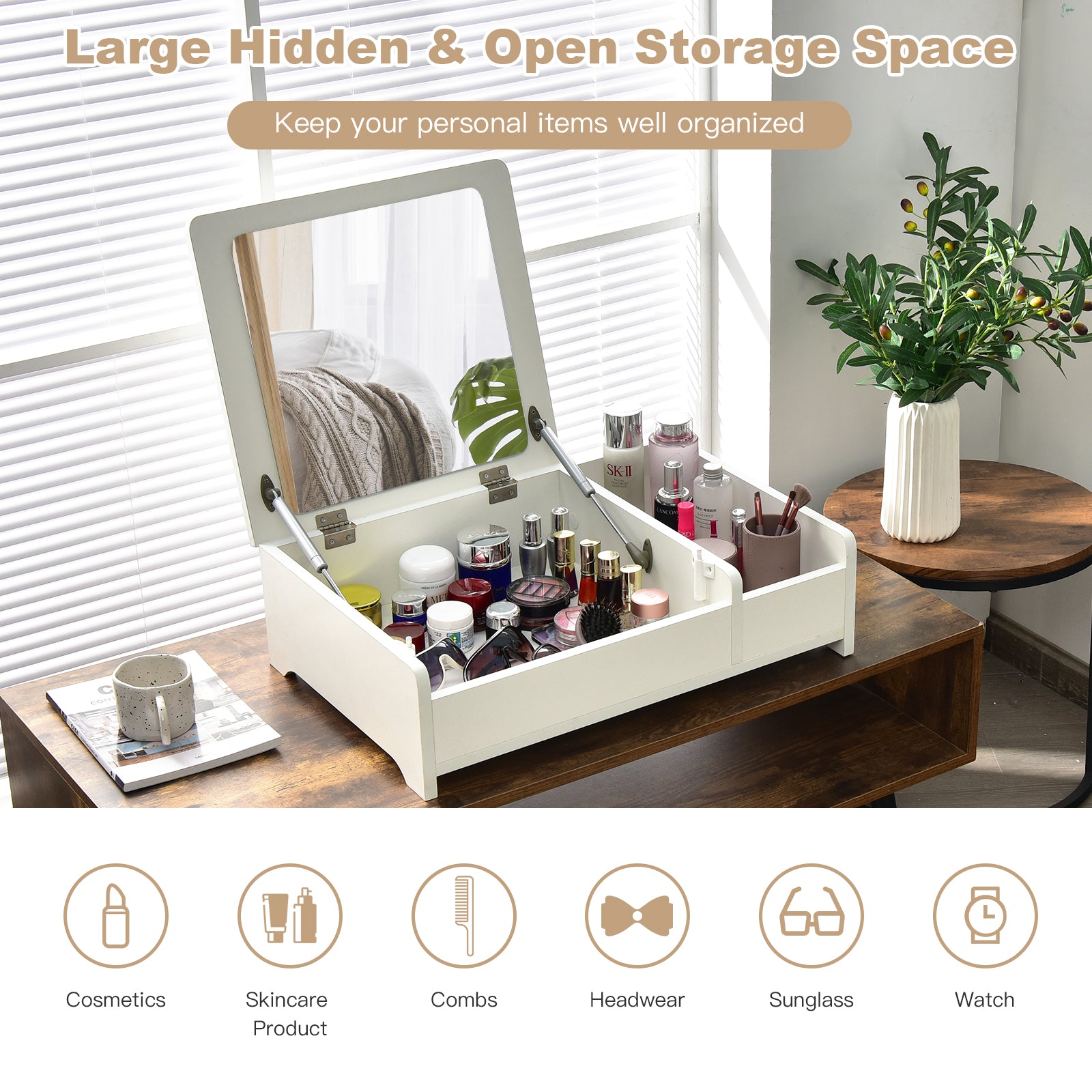 Compact Bay Window Makeup Dressing Table with Flip-Top Mirror-White