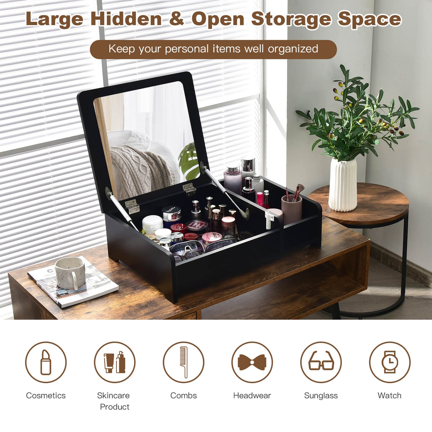 Compact Bay Window Makeup Dressing Table with Flip-Top Mirror-Black