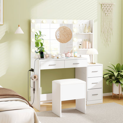 Makeup Table and Stool Set with Hair Dryer Stand-White