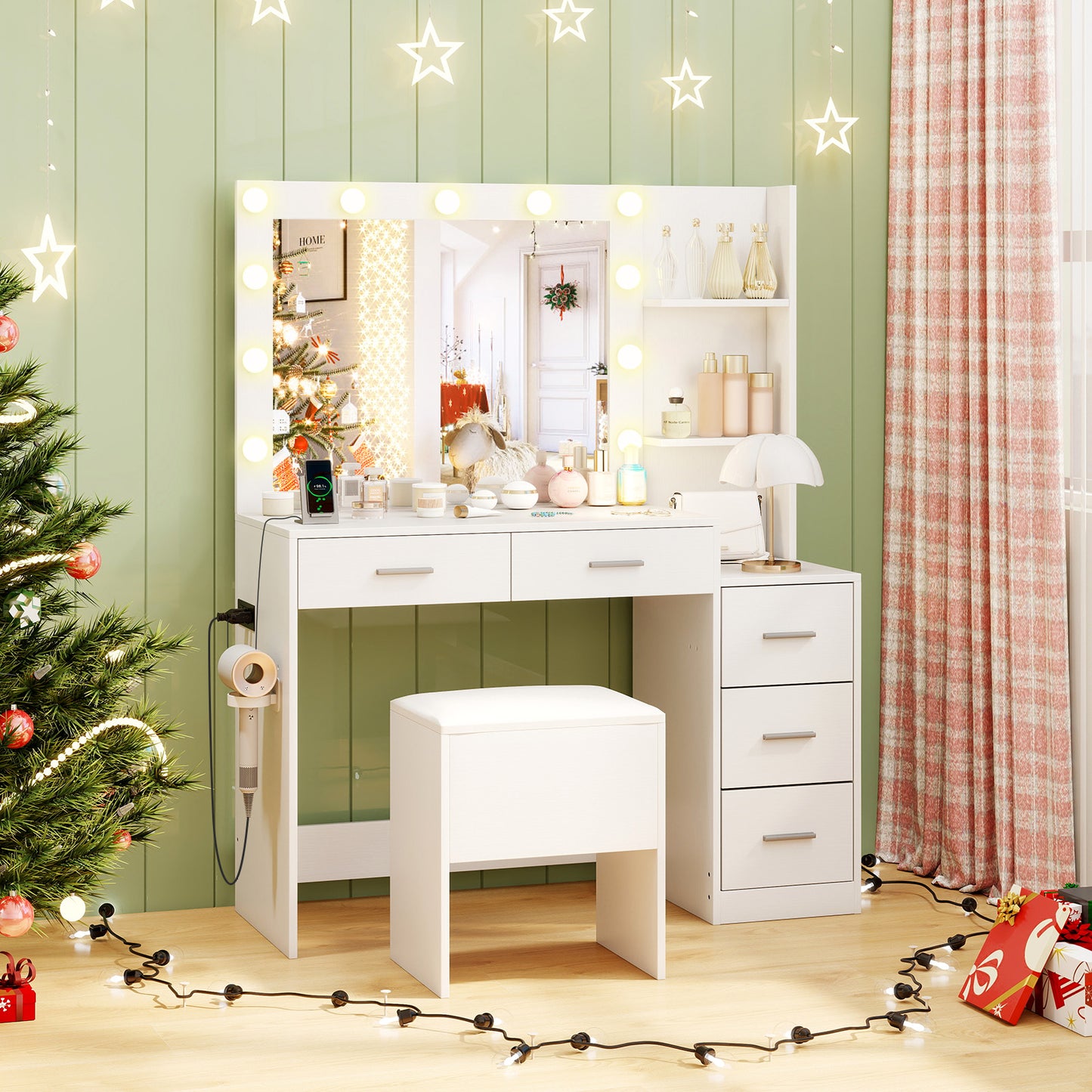 Makeup Table and Stool Set with Hair Dryer Stand-White