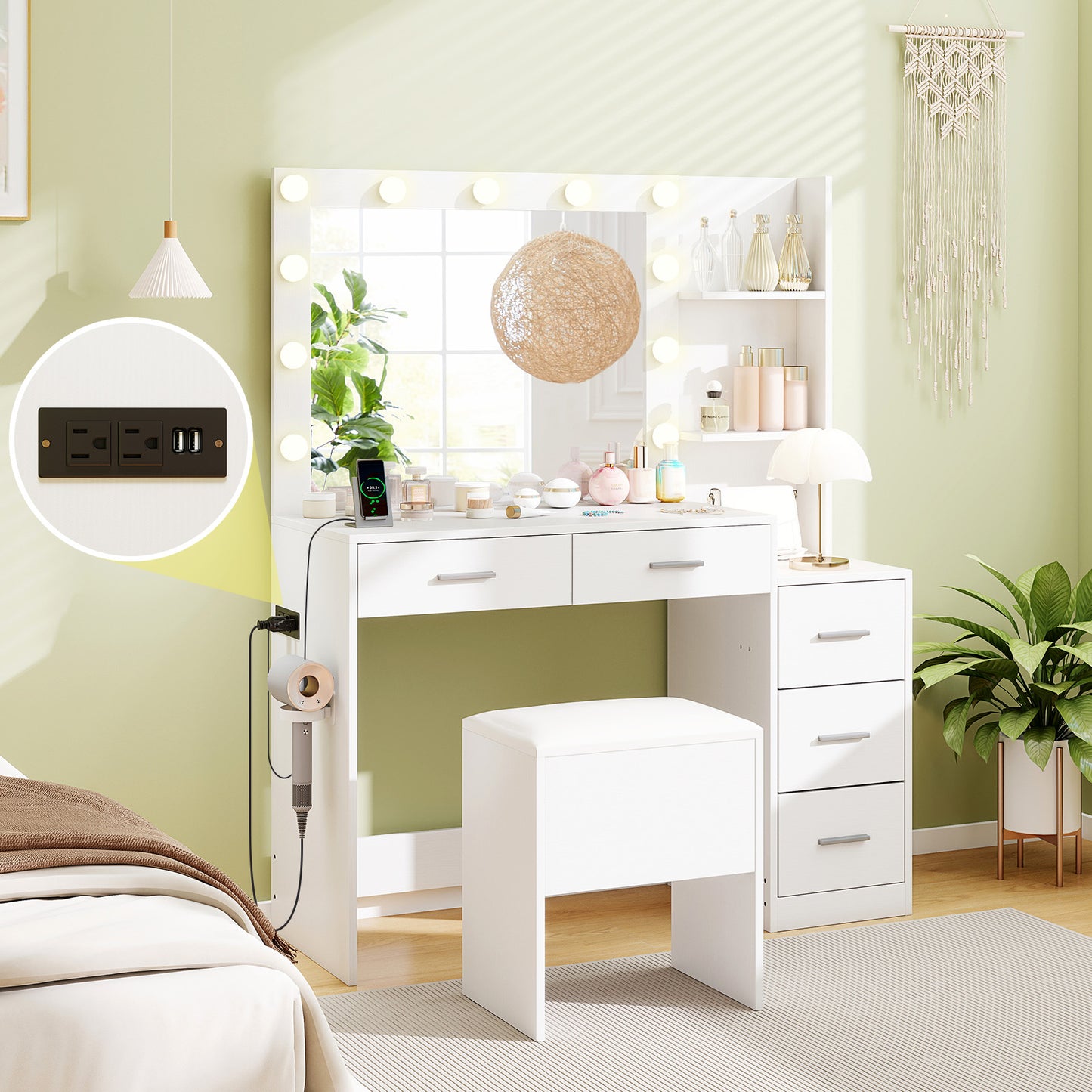 Makeup Table and Stool Set with Hair Dryer Stand-White