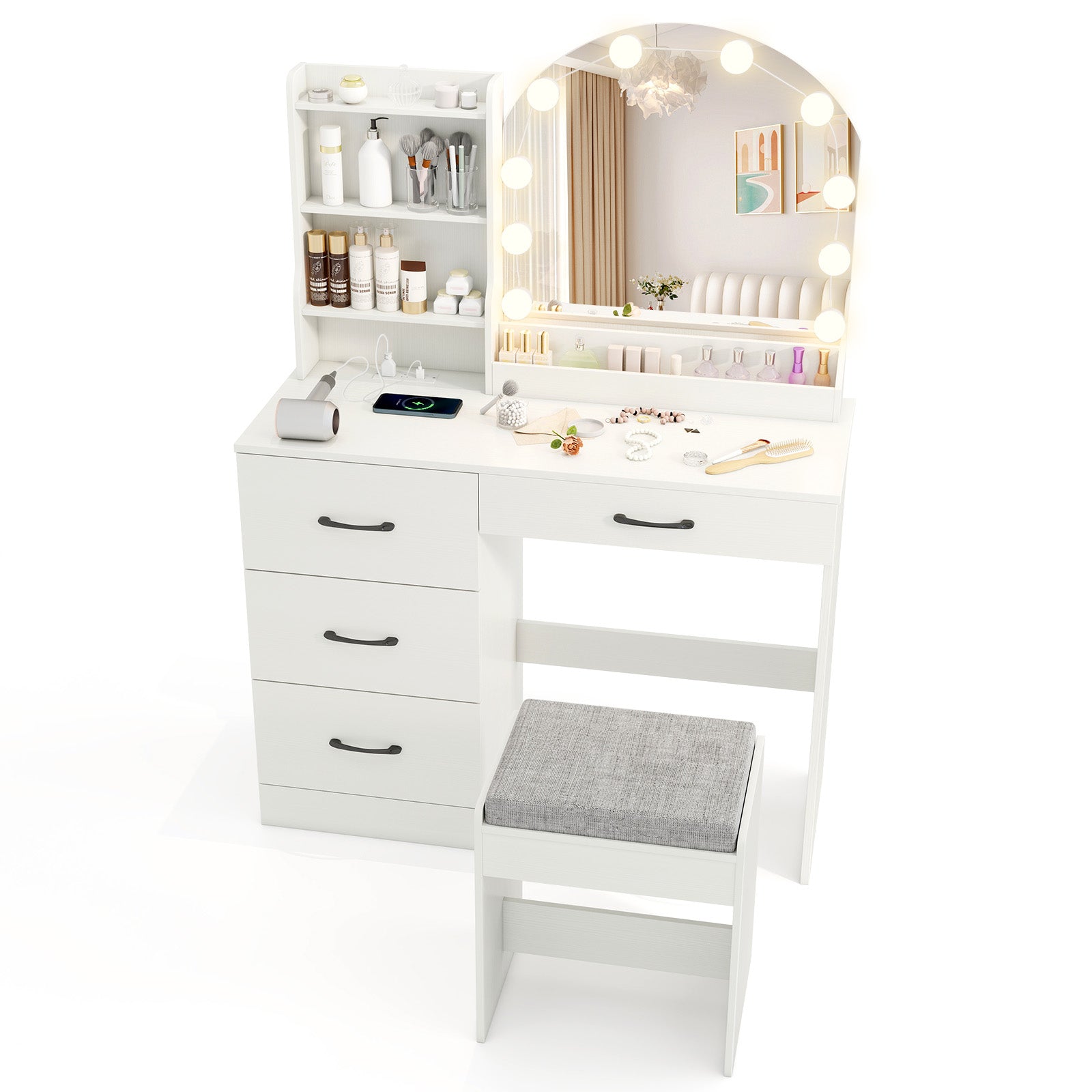 Makeup Vanity Desk Dressing Table and Stool Set with Mirror and Lights-Black - White