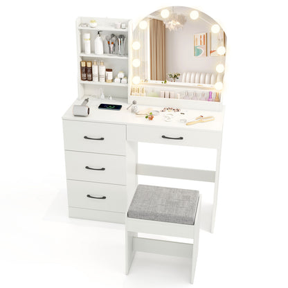 Makeup Vanity Desk Dressing Table and Stool Set with Mirror and Lights-Black - White