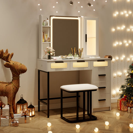 Makeup Vanity Desk with 3-Color Induction LED Lights and 6 Drawers-White