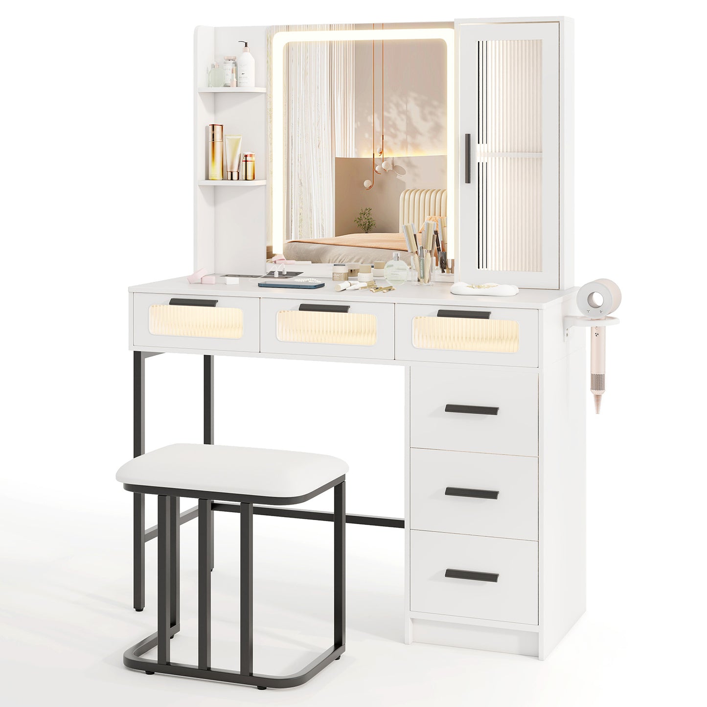 Makeup Vanity Desk with 3-Color Induction LED Lights and 6 Drawers-White