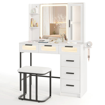 Makeup Vanity Desk with 3-Color Induction LED Lights and 6 Drawers-White