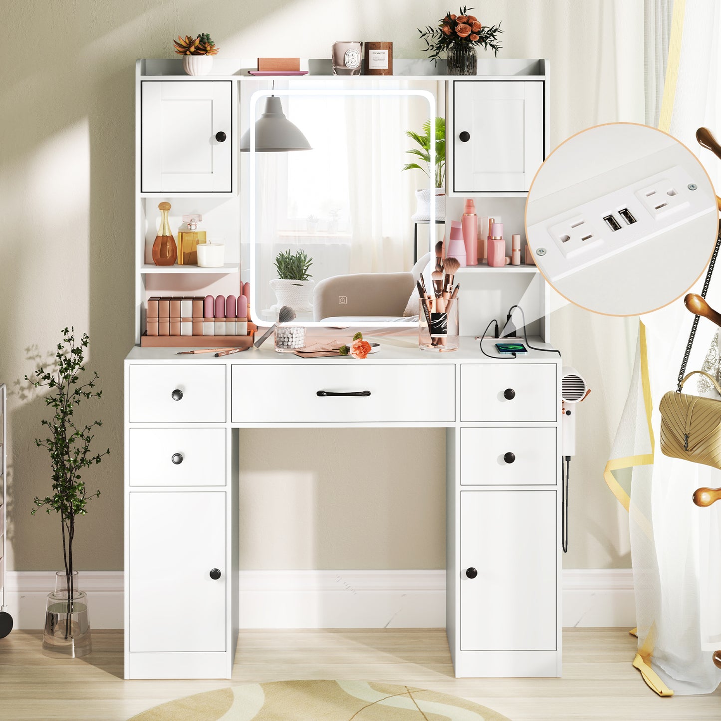 Makeup Vanity Desk with Lighted Mirror and Charging Station-White