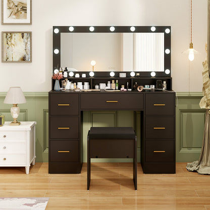 Makeup Vanity Desk with Mirror 3-Color LED Lights and Charging Station-Black