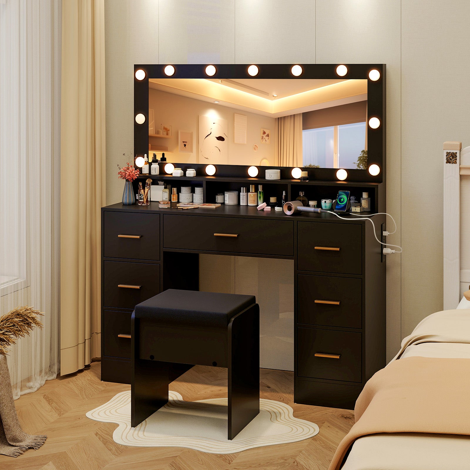 Makeup Vanity Desk with Mirror 3-Color LED Lights and Charging Station-Black