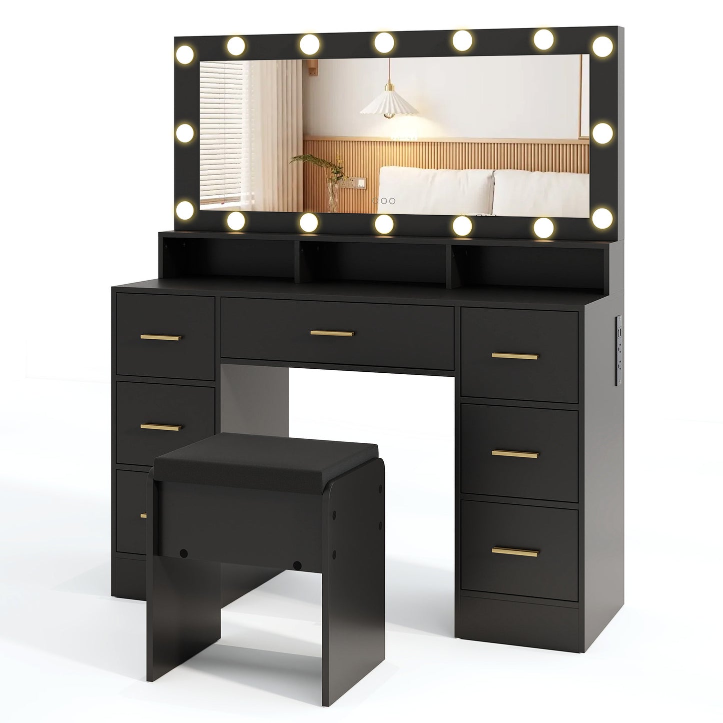 Makeup Vanity Desk with Mirror 3-Color LED Lights and Charging Station-Black