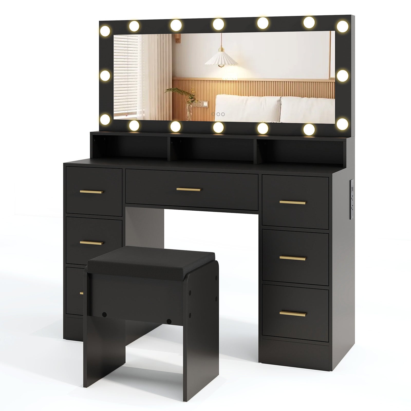 Makeup Vanity Desk with Mirror 3-Color LED Lights and Charging Station-Black