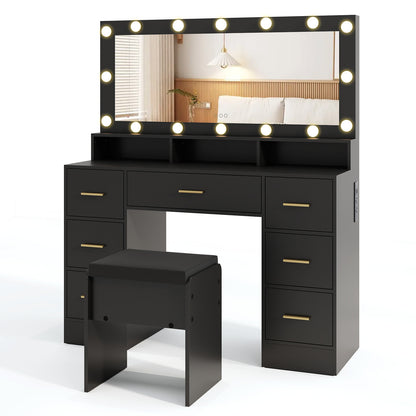 Makeup Vanity Desk with Mirror 3-Color LED Lights and Charging Station-Black