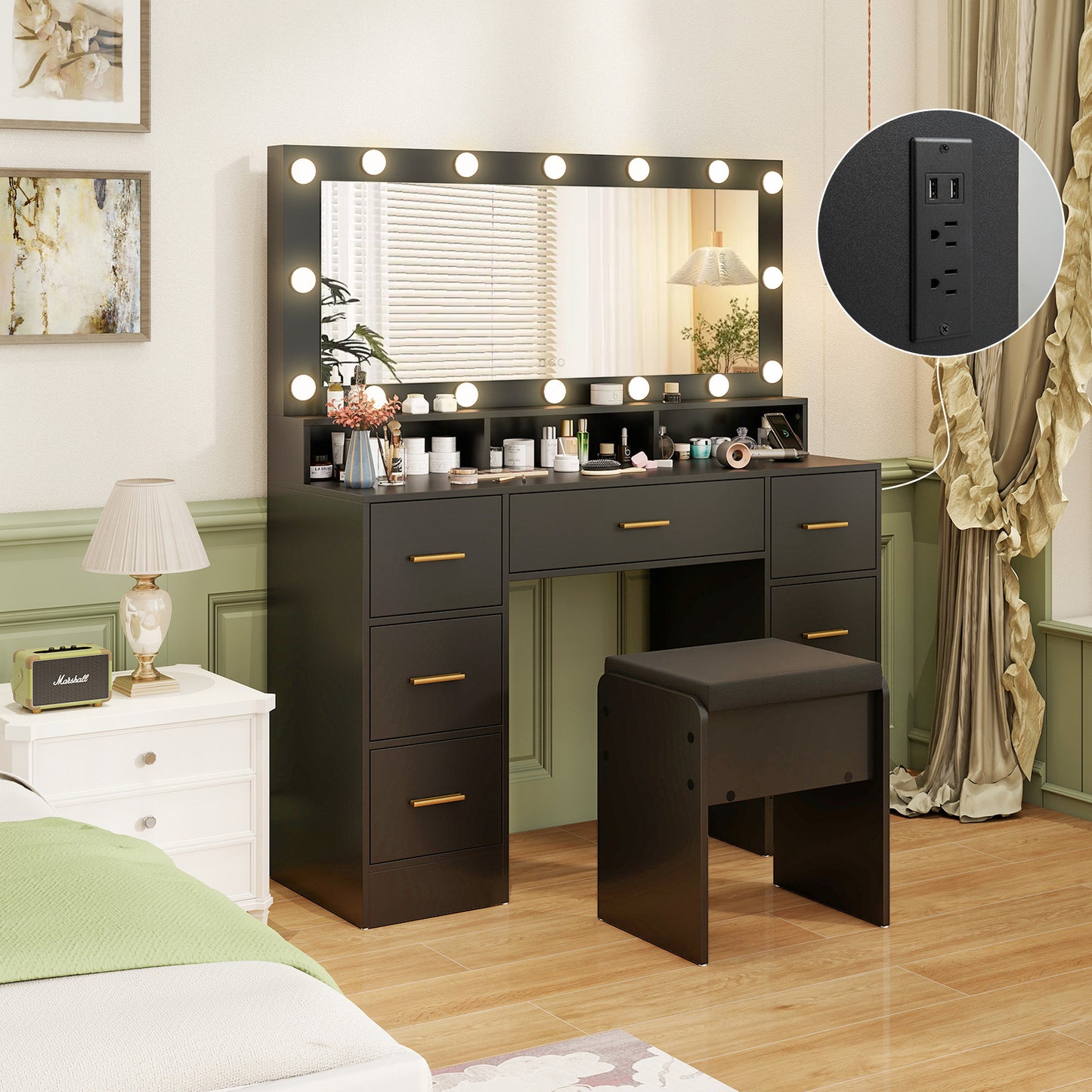 Makeup Vanity Desk with Mirror 3-Color LED Lights and Charging Station-Black