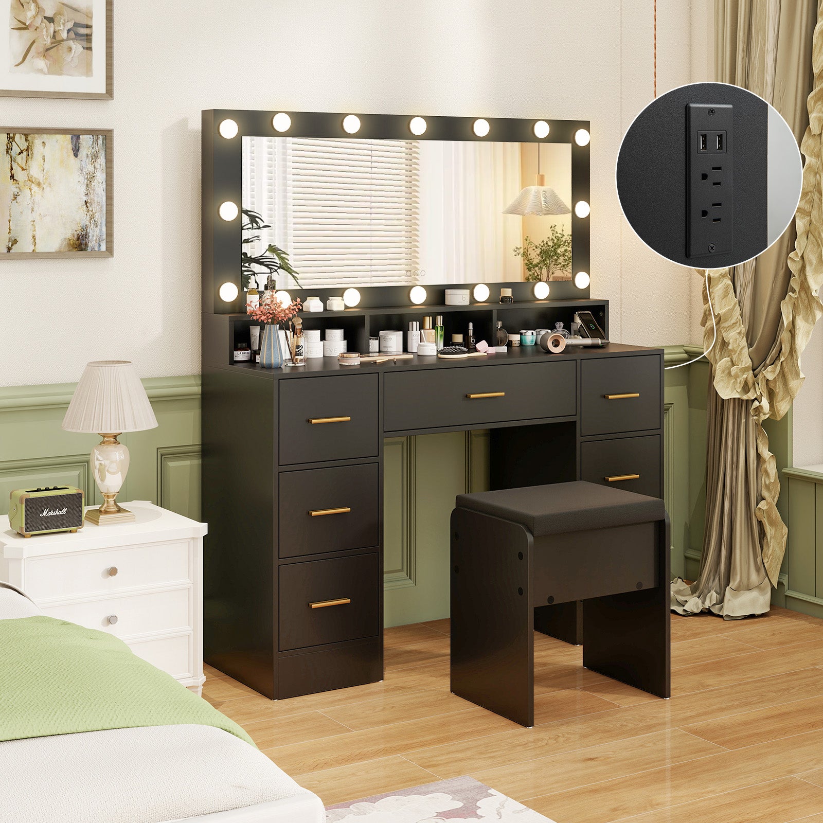 Makeup Vanity Desk with Mirror 3-Color LED Lights and Charging Station-Black
