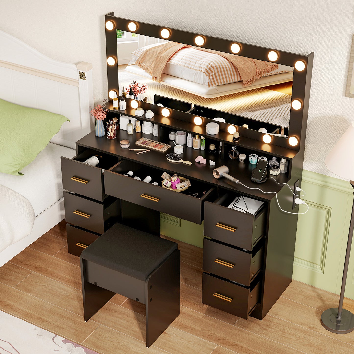 Makeup Vanity Desk with Mirror 3-Color LED Lights and Charging Station-Black