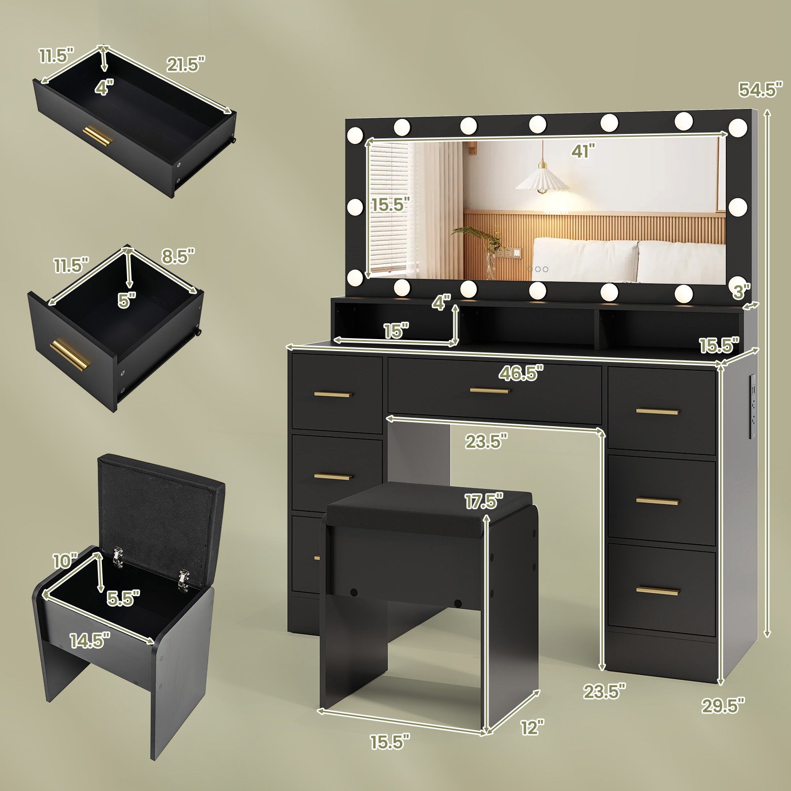 Makeup Vanity Desk with Mirror 3-Color LED Lights and Charging Station-Black