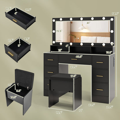 Makeup Vanity Desk with Mirror 3-Color LED Lights and Charging Station-Black