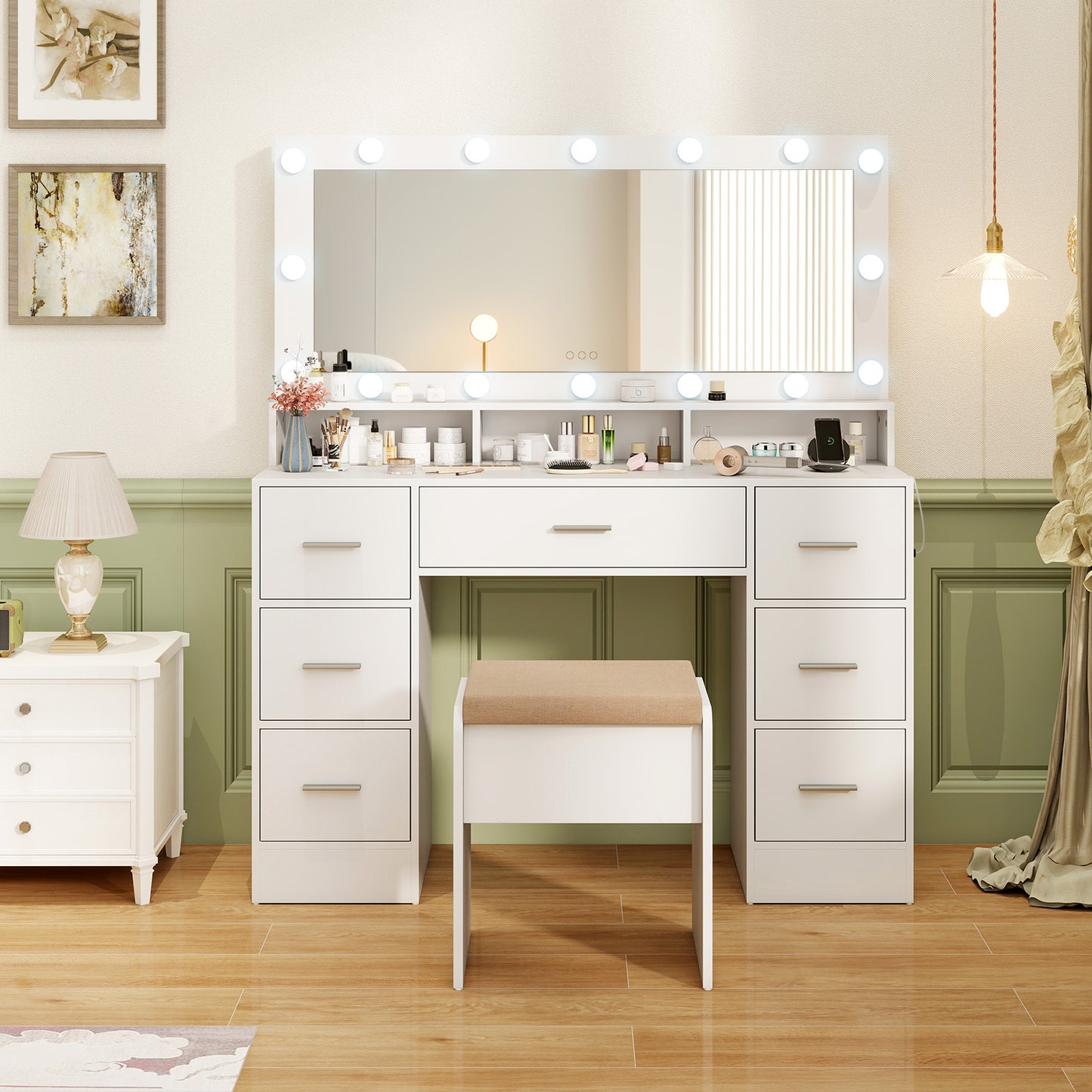 Makeup Vanity Desk with Mirror 3-Color LED Lights and Charging Station-White