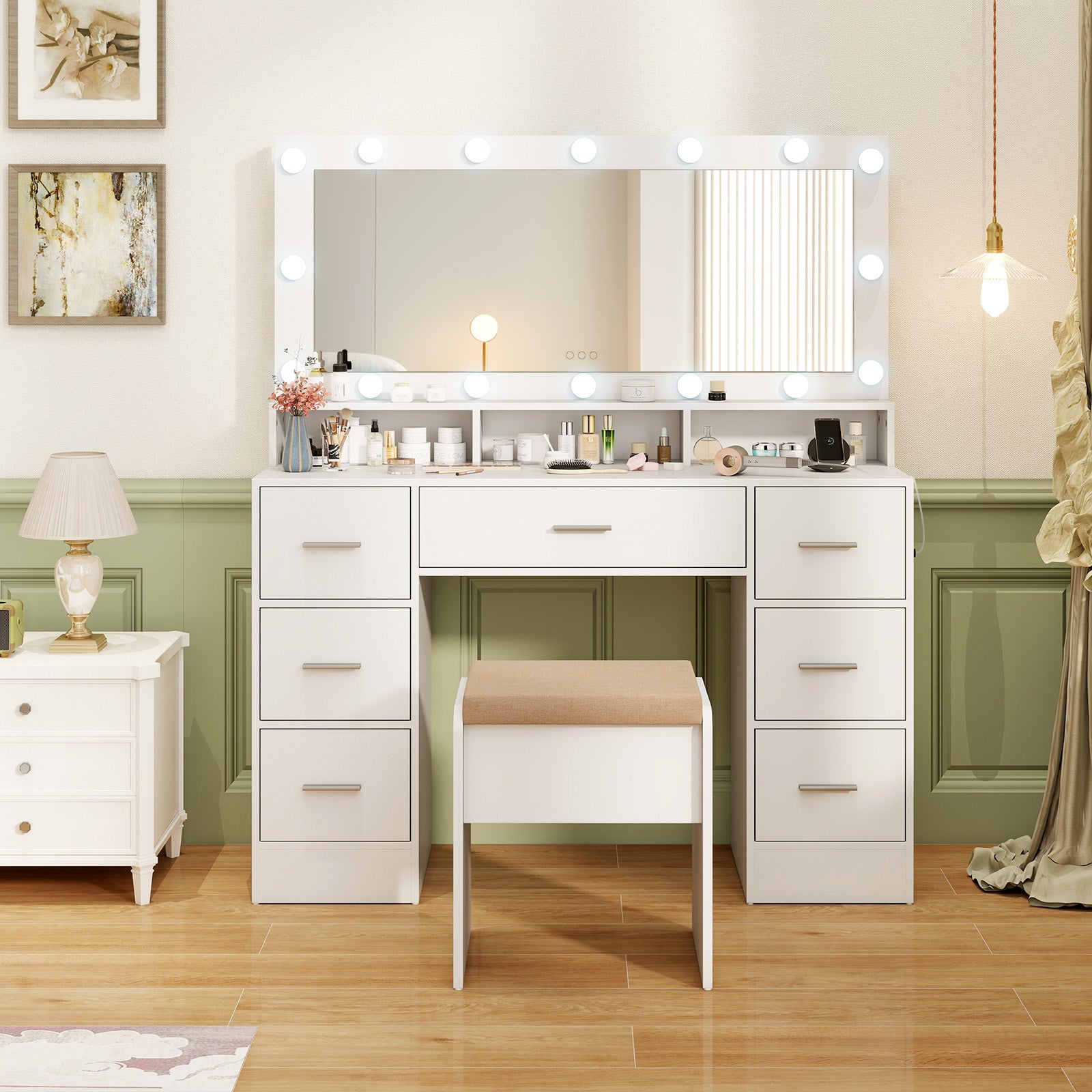 Makeup Vanity Desk with Mirror 3-Color LED Lights and Charging Station-White