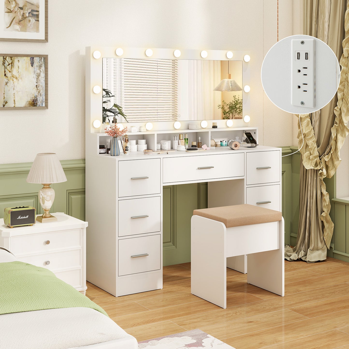 Makeup Vanity Desk with Mirror 3-Color LED Lights and Charging Station-White