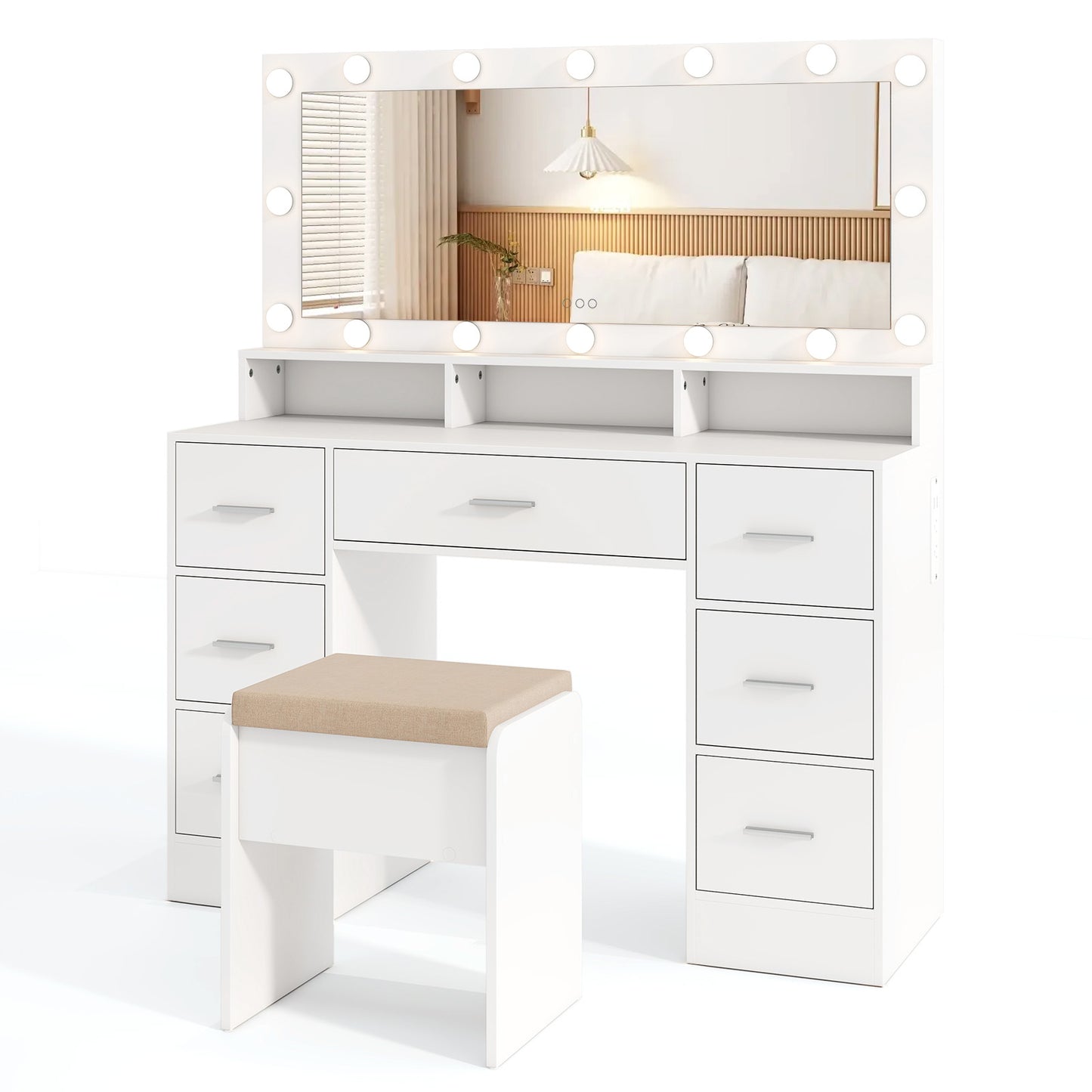 Makeup Vanity Desk with Mirror 3-Color LED Lights and Charging Station-White