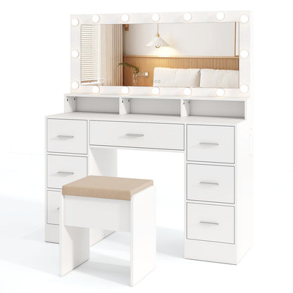 Makeup Vanity Desk with Mirror 3-Color LED Lights and Charging Station-White