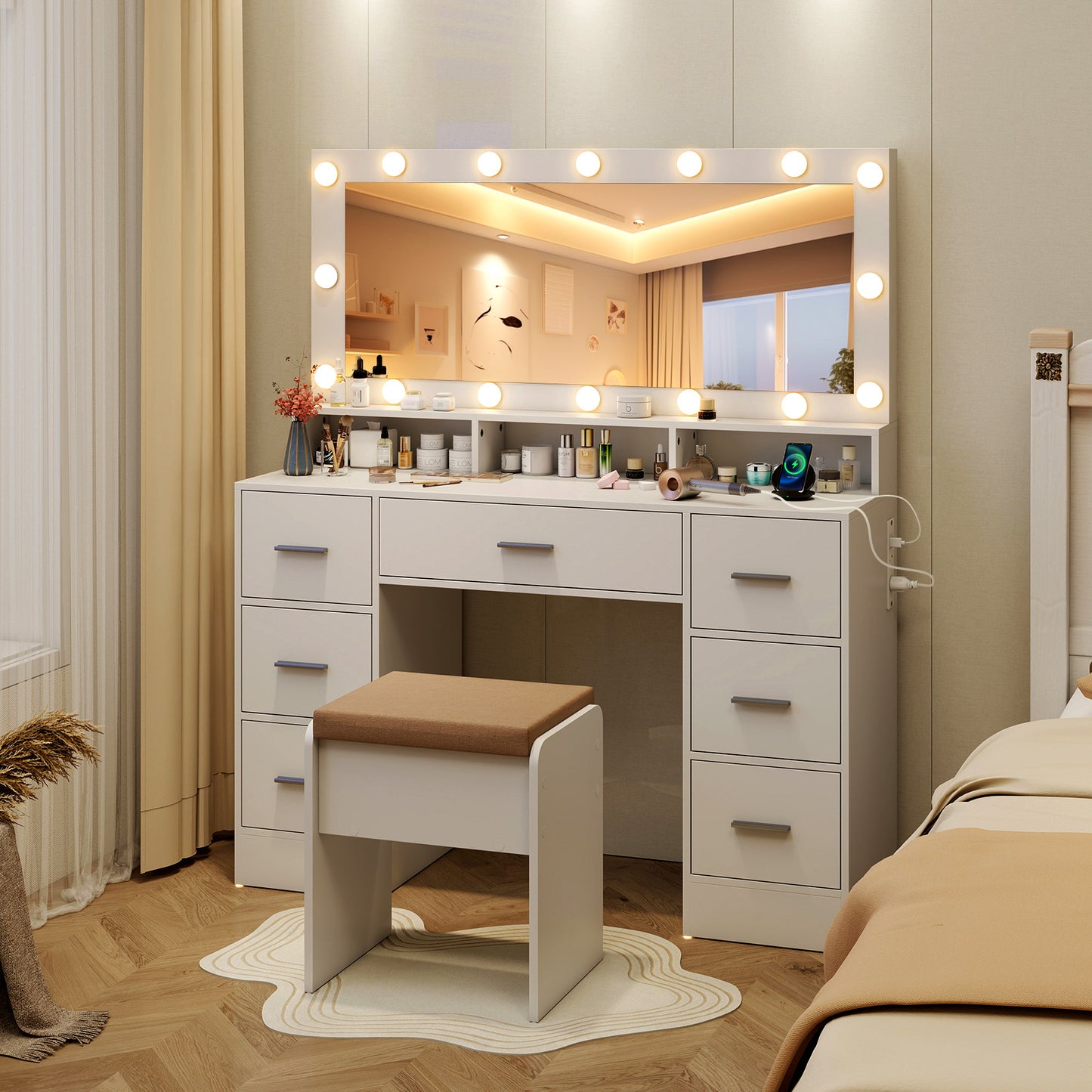 Makeup Vanity Desk with Mirror 3-Color LED Lights and Charging Station-White