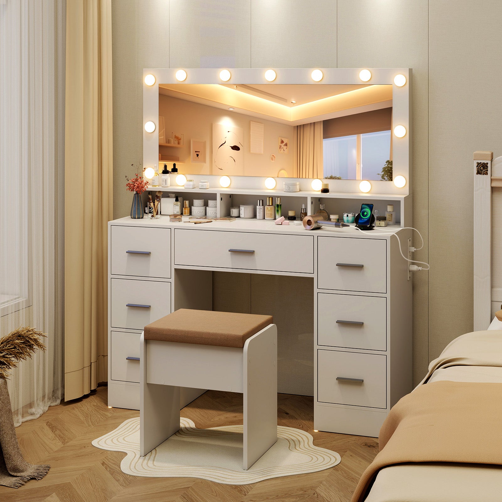 Makeup Vanity Desk with Mirror 3-Color LED Lights and Charging Station-White