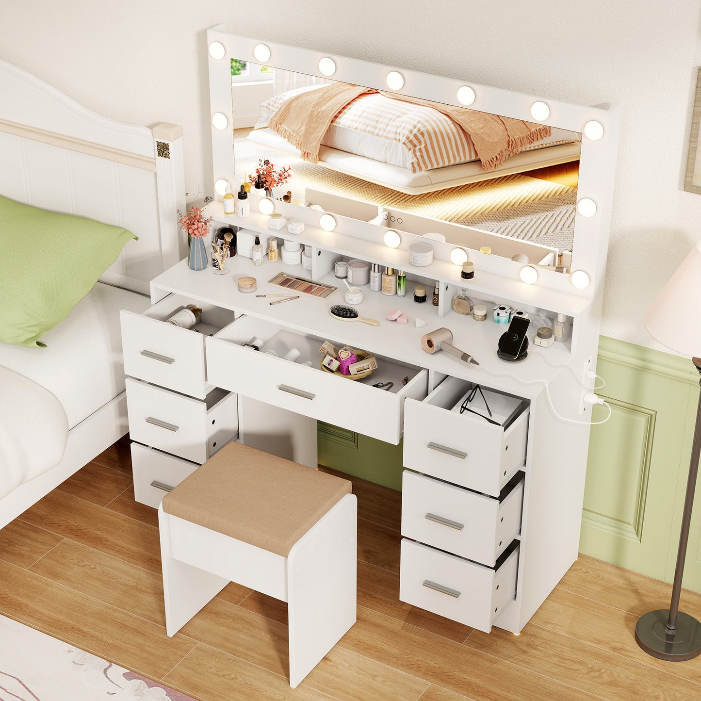 Makeup Vanity Desk with Mirror 3-Color LED Lights and Charging Station-White