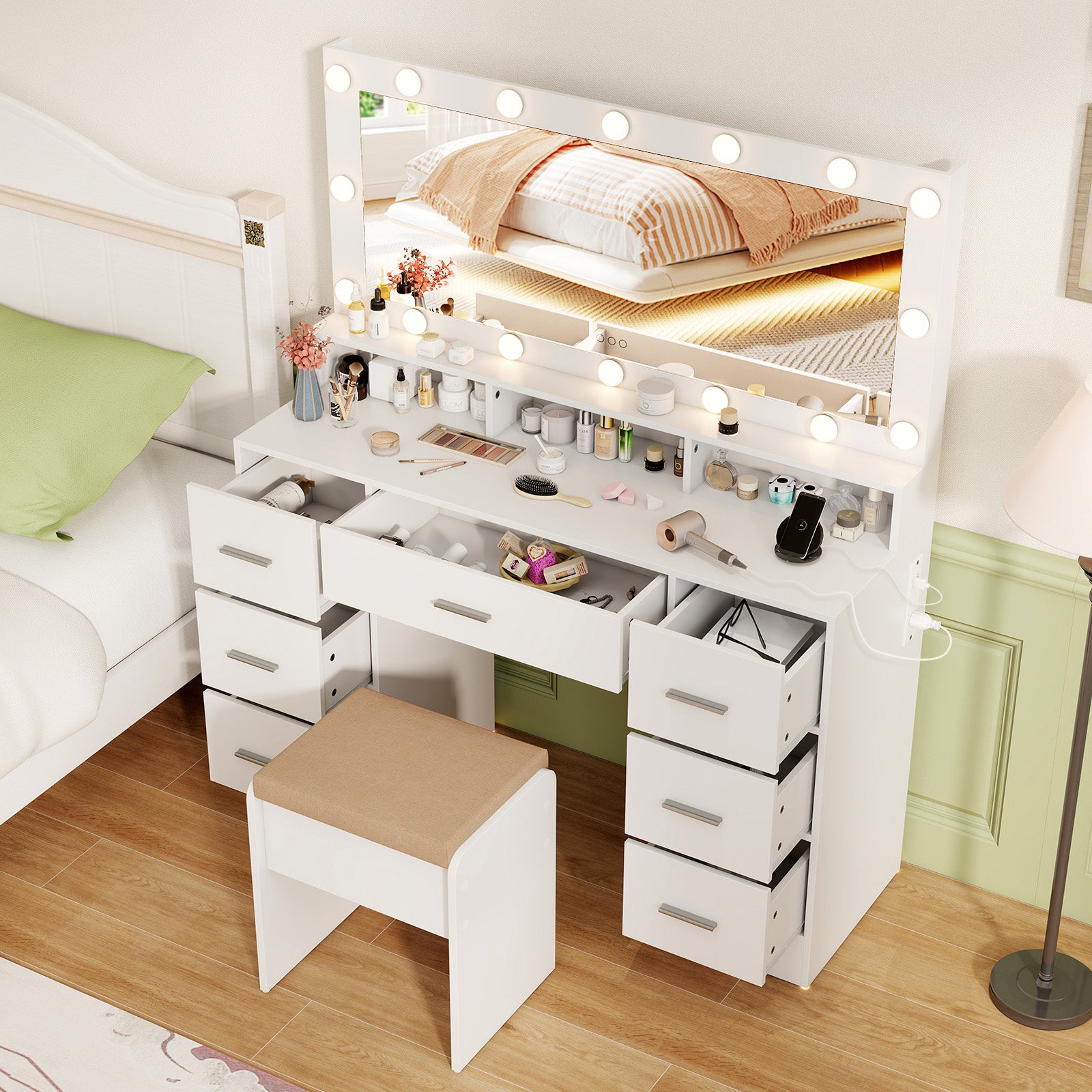 Makeup Vanity Desk with Mirror 3-Color LED Lights and Charging Station-White