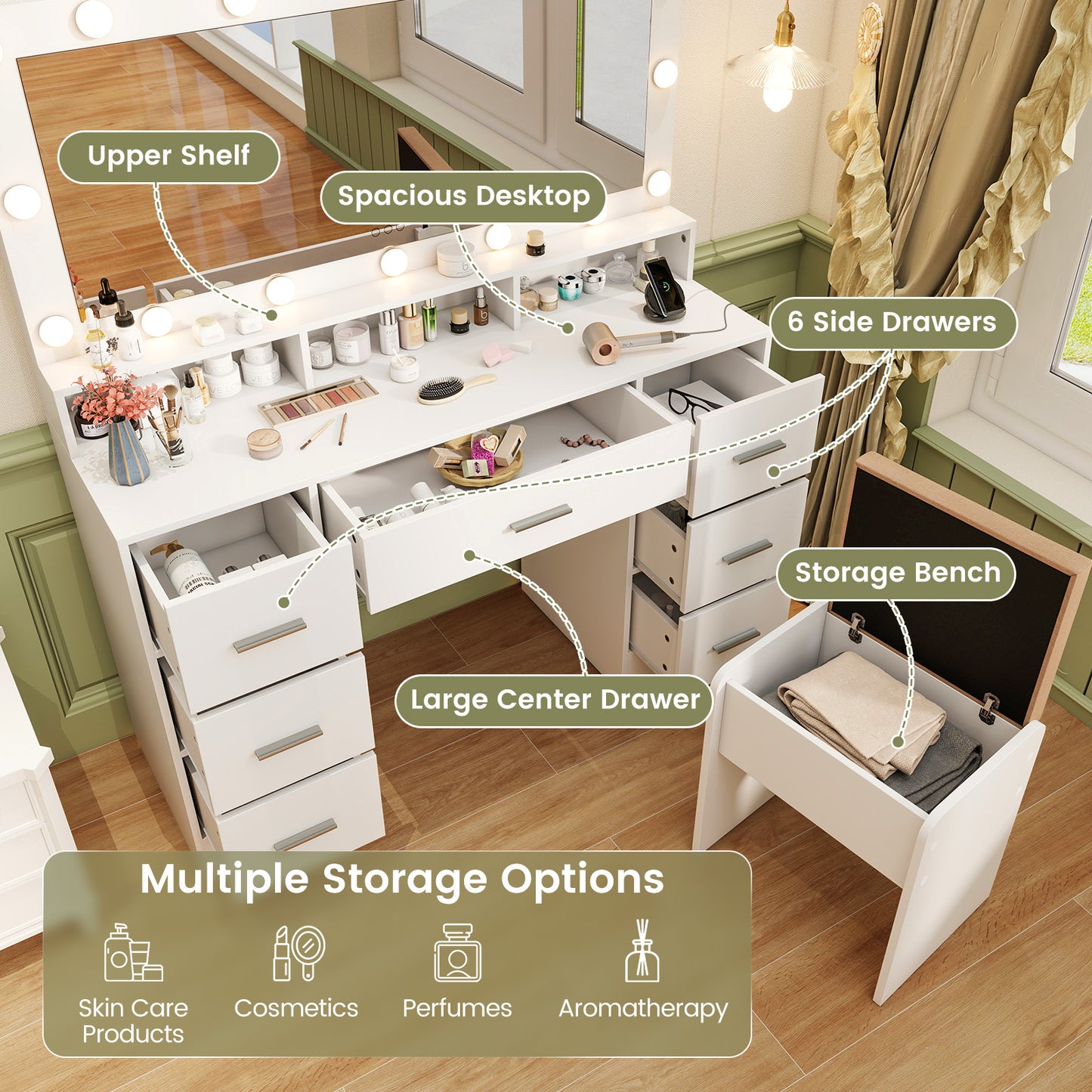 Makeup Vanity Desk with Mirror 3-Color LED Lights and Charging Station-White