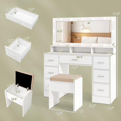 Makeup Vanity Desk with Mirror 3-Color LED Lights and Charging Station-White