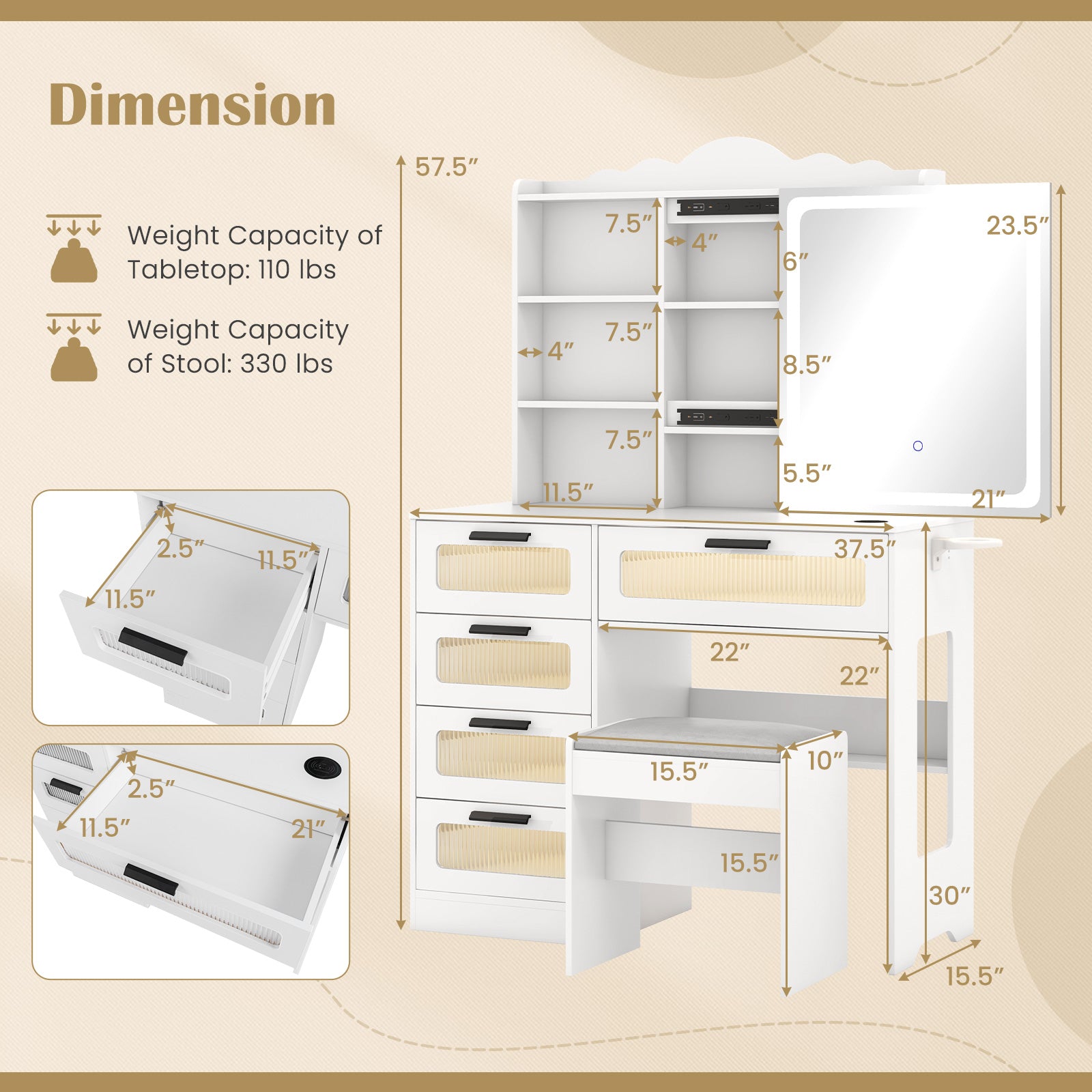 Makeup Vanity Desk with Mirror and Charging Station-White