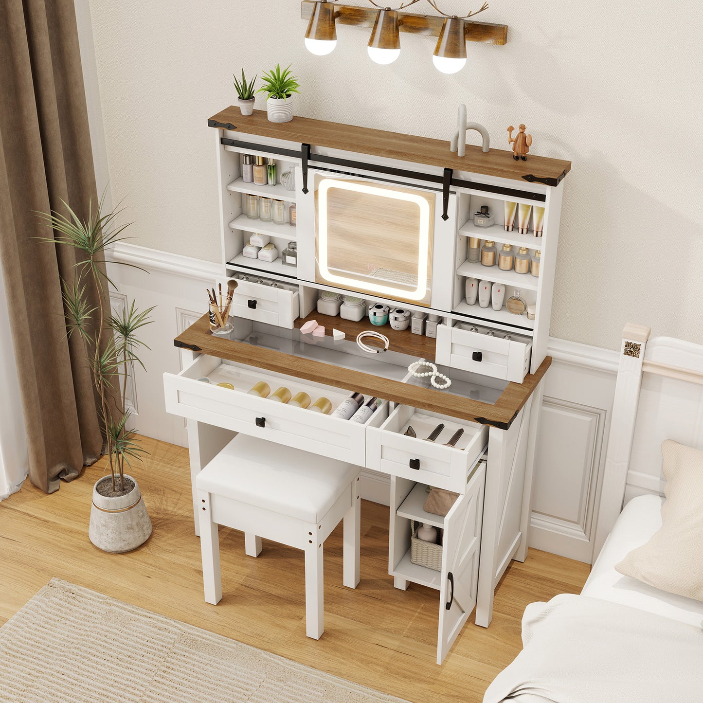 Makeup Vanity Desk with Mirror and 3-Color Dimmable LED Lights-White