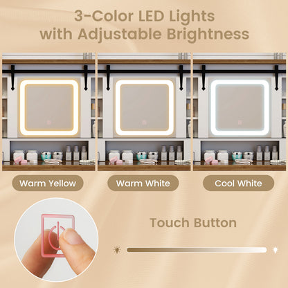 Makeup Vanity Desk with Mirror and 3-Color Dimmable LED Lights-White