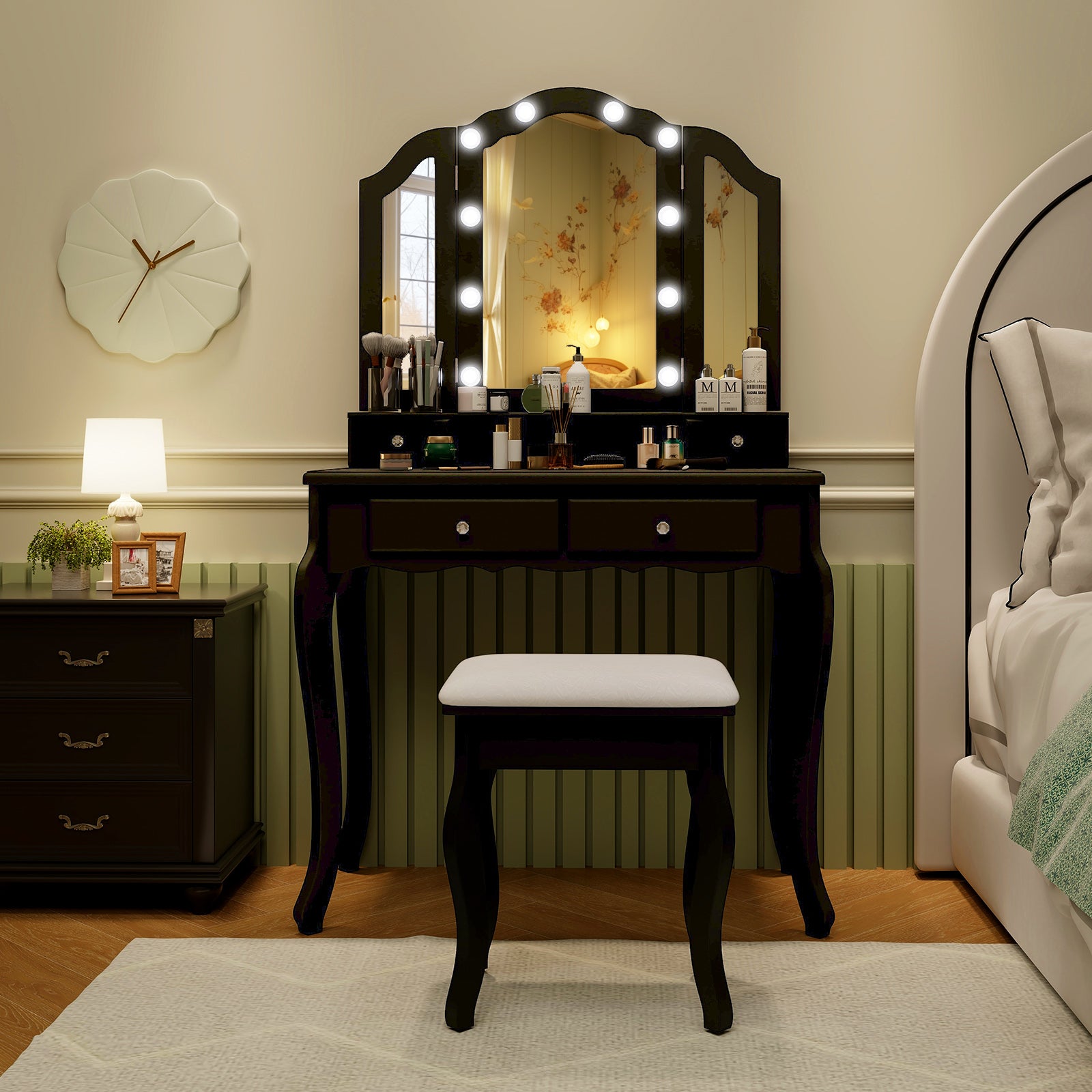 Makeup Vanity Table Set with Lighted Mirror and Drawers-Black