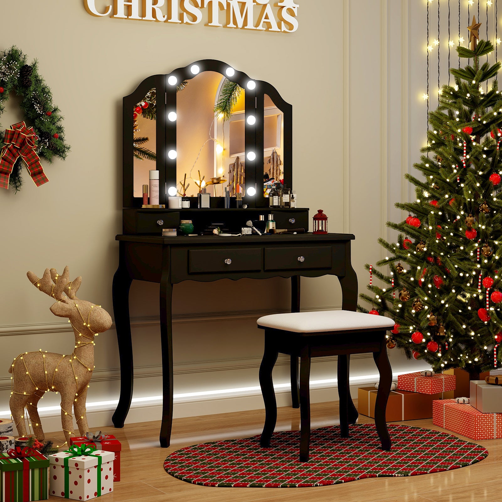 Makeup Vanity Table Set with Lighted Mirror and Drawers-Black