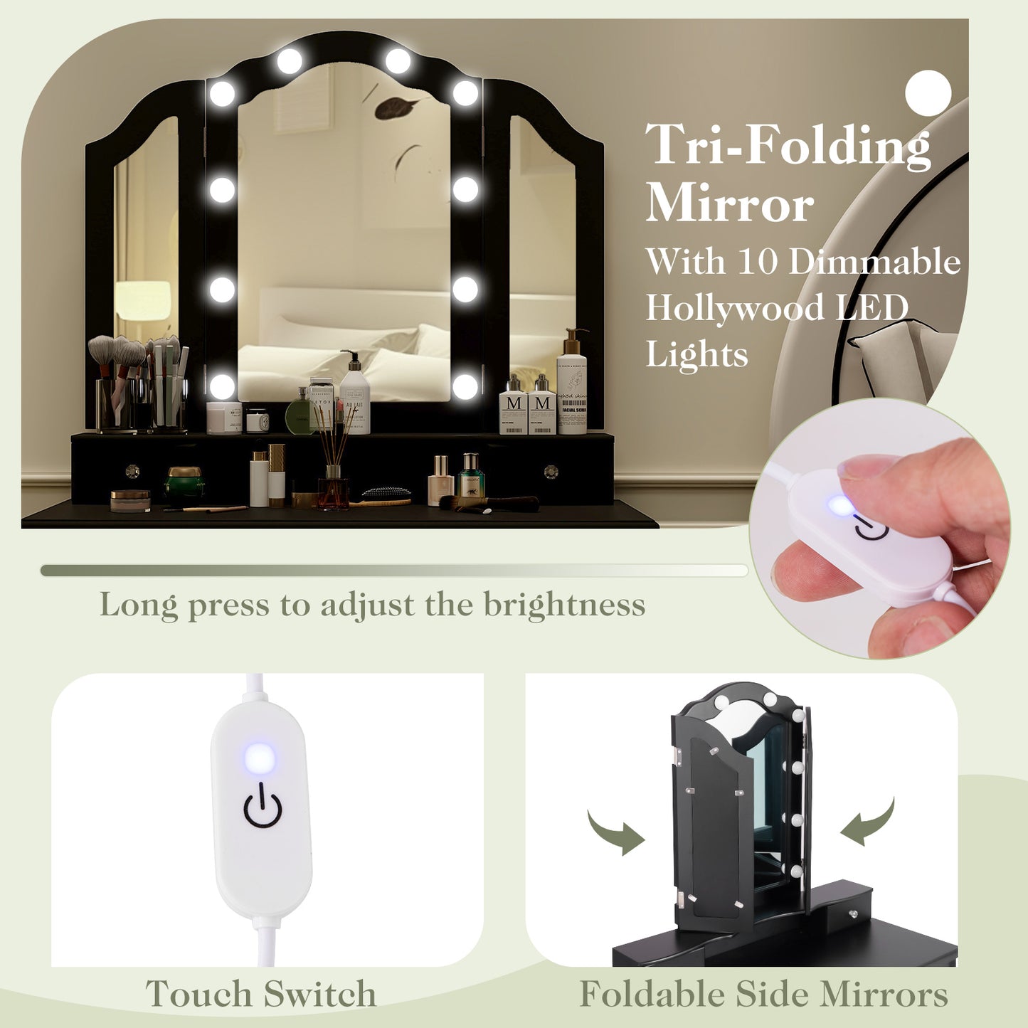Makeup Vanity Table Set with Lighted Mirror and Drawers-Black