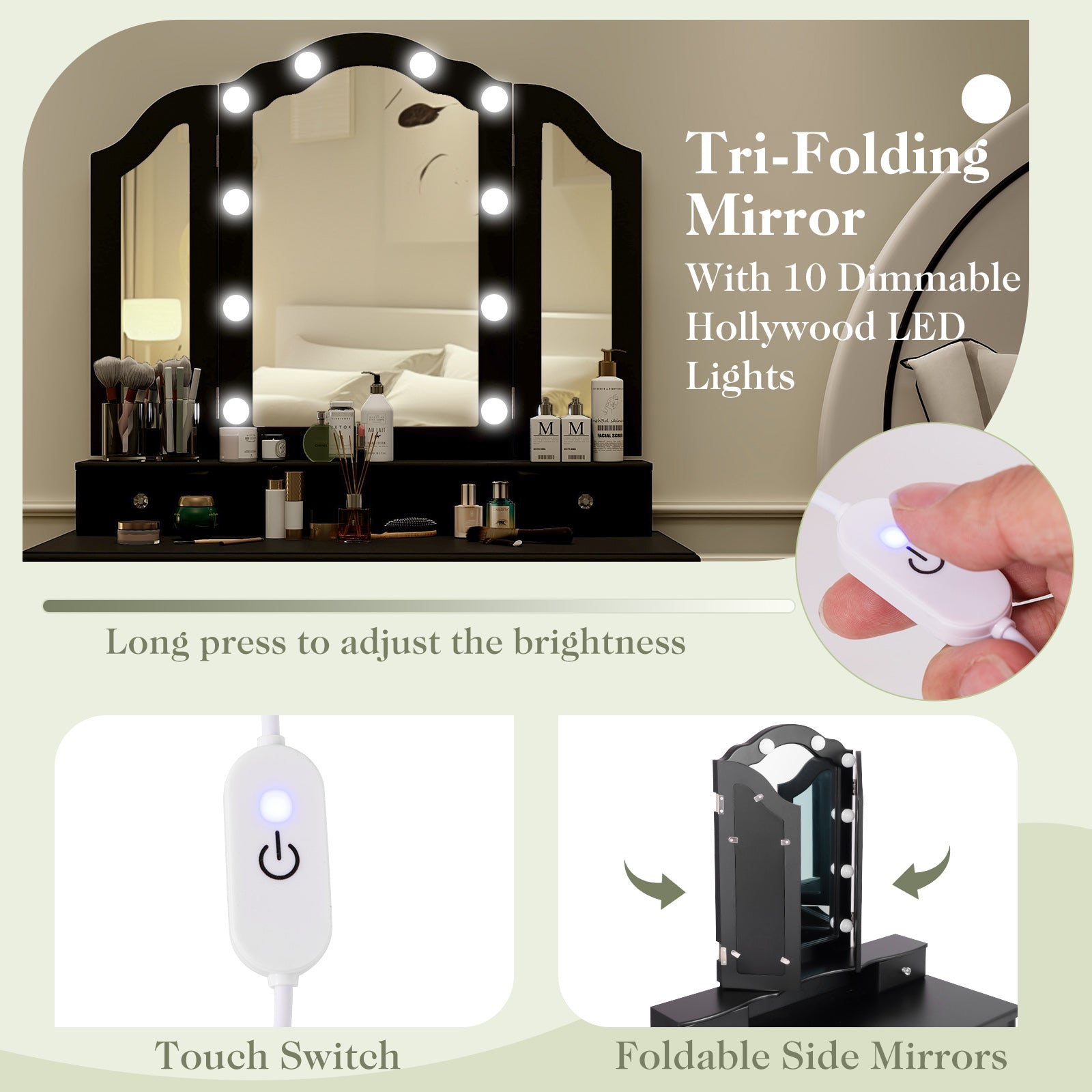 Makeup Vanity Table Set with Lighted Mirror and Drawers-Black